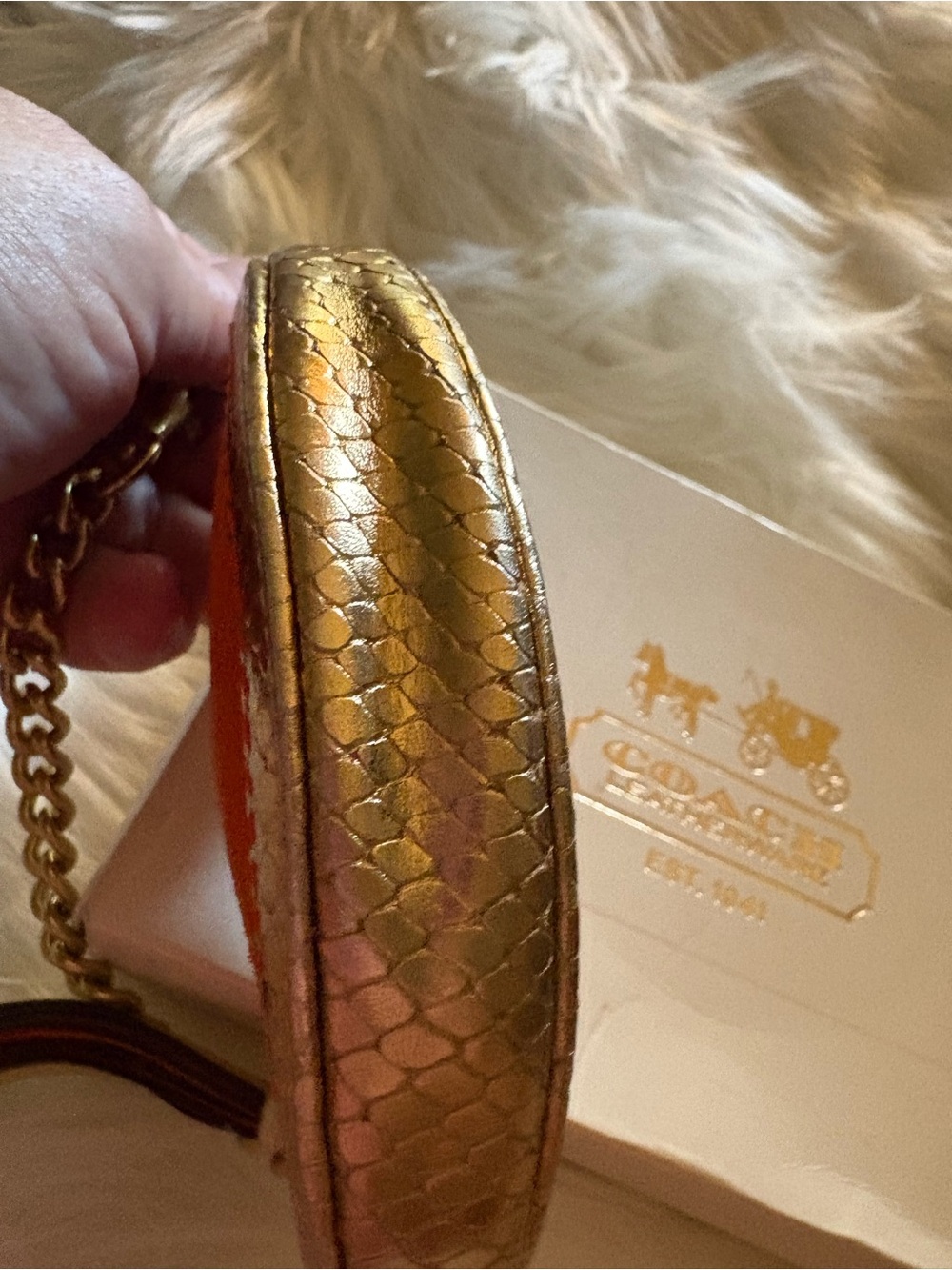 RARE COACH VINTAGE KOI FISH MULTICOLOR GOLD ORANGE LEATHER BRASS CHAIN WRISTLET - Picture 10 of 15